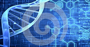 Composition of dna strand and medical data processing over blue background