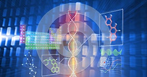 Composition of dna strand and scientific data processing on blue background