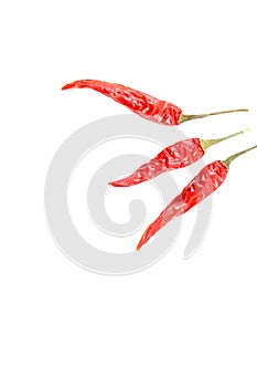 Dried thai chili peppers isolated on a white background with copyspace