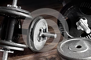 Composition of dumbbells and barbells photo