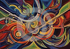 Composition is dynamic, with intersecting lines and circular forms