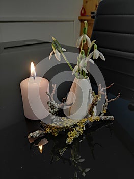 Composition of early spring flowers, a branch and a candle