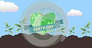 Composition of earth day text and globe logo over plants in soil with blue sky and clouds