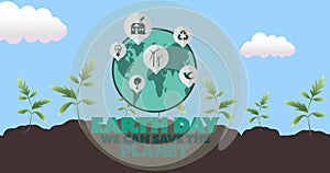 Composition of earth day text and green globe logo over growing plants, blue sky and clouds