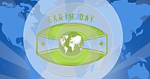 Composition of earth day text and green globe logo over world map