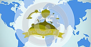 Composition of earth day text and green logo over world map