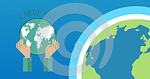 Composition of earth day text with hands and globe logo, and globe on blue background