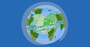Composition of earth day text and heart logo over globe on blue background