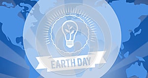 Composition of earth day text and plant light bulb logo over world map background