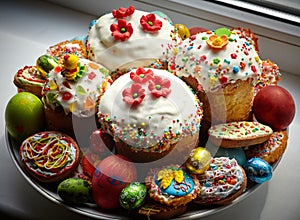 Composition of Easter Cakes decorated with white sugar glaze, sweet flowers and confetti, on a plate with colorful Easter eggs and