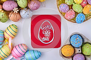 Composition of easter eggs flat lay.