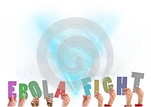 Composition of ebola fight multi coloured letters held by people with blue smoke