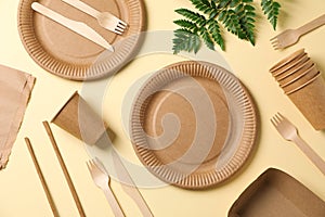 Composition with eco - friendly tableware and plant on beige background