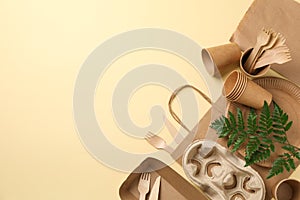 Composition with eco - friendly tableware and plant on beige background