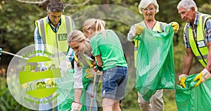 Composition of ecology logo and earth day text over volunteers cleaning up the countryside