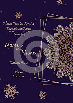 Composition of engagement invitation text over indian pattern on blue background