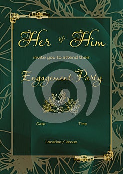 Composition of engagement invitation text over indian pattern on green background