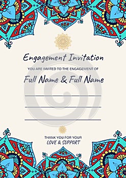 Composition of engagement invitation text over indian pattern on white background
