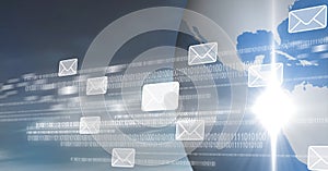 Composition of envelope icons with binary coding over globe