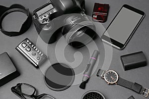 Composition with equipment for professional photographer