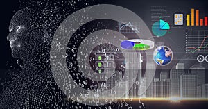 Composition of exploding human bust with binary coding over data processing