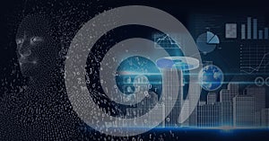 Composition of exploding human bust with binary coding over data processing