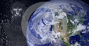 Composition of exploding human bust with binary coding over globe