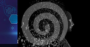 Composition of exploding human bust formed with binary coding and dna strand