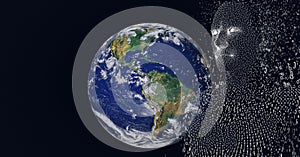 Composition of exploding human bust formed with binary coding over globe