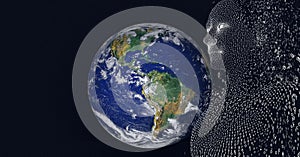 Composition of exploding human bust formed with binary coding over globe