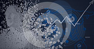 Composition of exploding human bust formed with particles over data processing