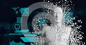 Composition of exploding human bust formed with white particles, digital elements and binary coding