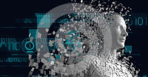 Composition of exploding human bust formed with white particles, digital elements and binary coding