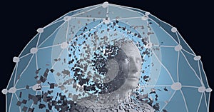 Composition of exploding human bust over globe of connections