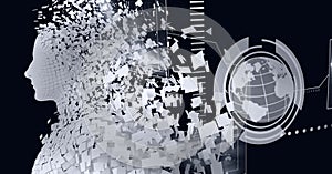 Composition of exploding human bust with over globe and data processing