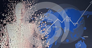 Composition of exploding human bust with over globe and data processing