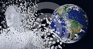 Composition of exploding human bust with over globe