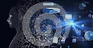 Composition of exploding human digital bust with binary coding processing and data processing