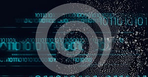 Composition of exploding human digital bust with binary coding processing