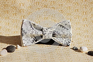 Composition: Extravagant beige with a black small pattern of a bow tie and pebbles on a beige background
