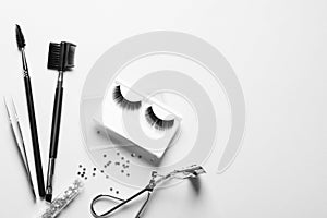 Composition with false eyelashes and tools on white background
