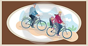 Composition of family cycling on brown background