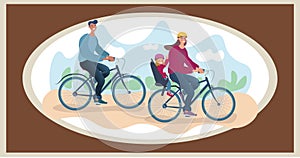 Composition of family cycling on brown background