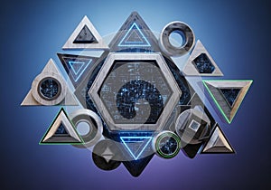 Composition features various geometric shapes, including triangles,