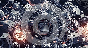 Composition featuring a complex arrangement of geometric shapes