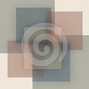Composition featuring overlapping translucent squares in muted tones of