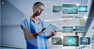Composition of female doctor using tablet and screens with medical data processing