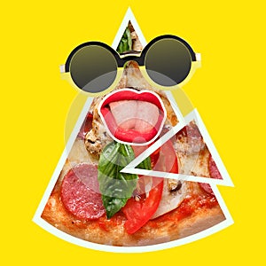 Composition with female mouth and sun glasses over big slice of pizza isolated on yellow neon background. Contemporary