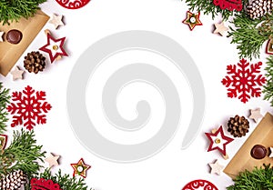 Composition from festive objects of New Year and Christmas on white background.