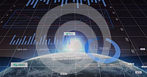 Composition of financial data processing and globe over landscape